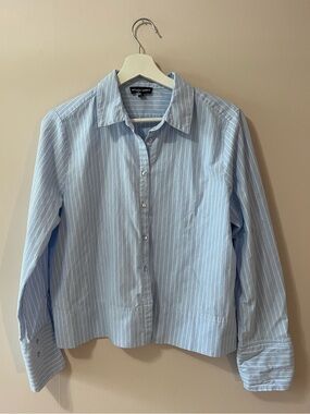 Light Blue Pinstripe Cropped Button-Down Shirt with Heart Detail at Cuff